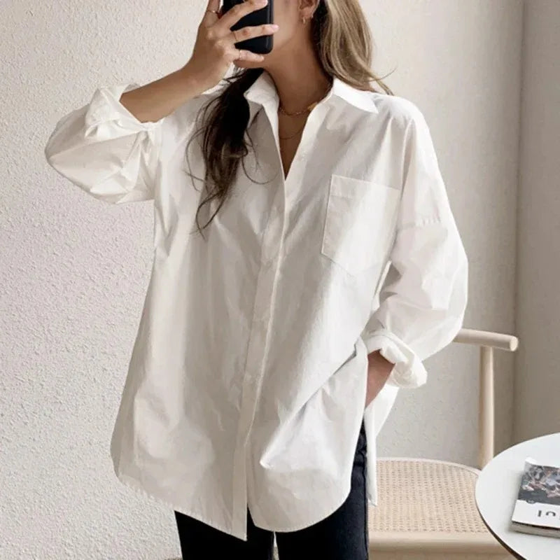 Blusa Mujer Oversized de Algodón con Botones y Manga Larga
