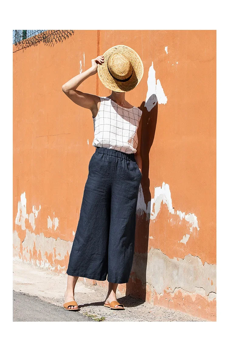 Pantalones Mujer de Lino Pierna Ancha Cintura Elástica Corte Tobillo