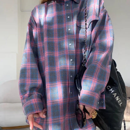 Camisa mujer de franela cuadros manga larga botones bolsillos