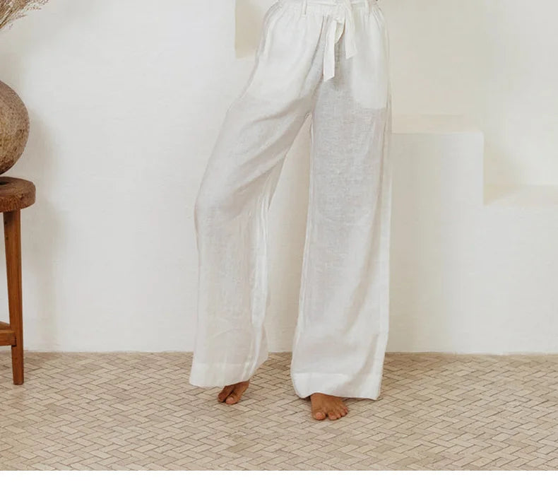 Pantalones Mujer de Lino Pierna Ancha Cintura Elástica Lazo
