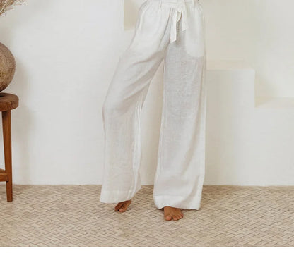 Pantalones Mujer de Lino Pierna Ancha Cintura Elástica Lazo