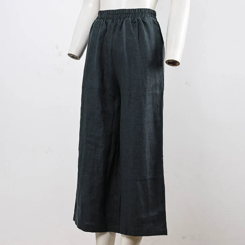 Pantalones Mujer de Lino Pierna Ancha Cintura Elástica Corte Tobillo