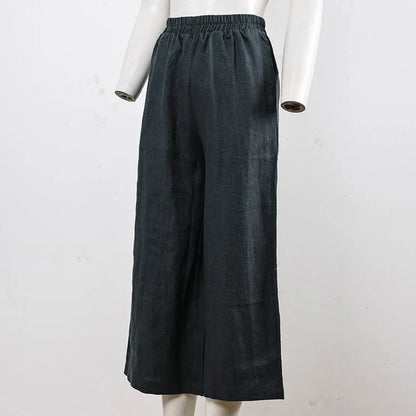 Pantalones Mujer de Lino Pierna Ancha Cintura Elástica Corte Tobillo