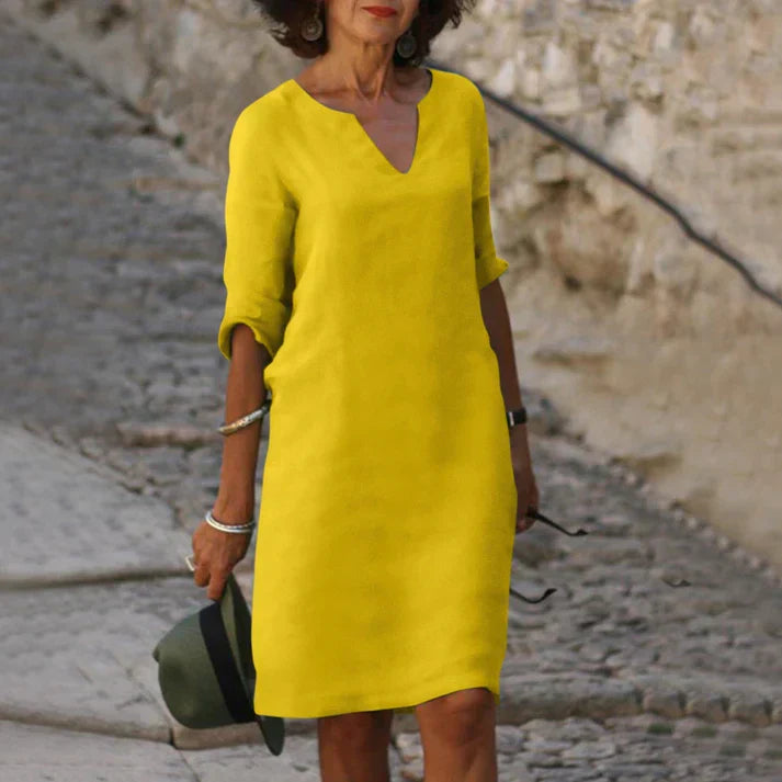 Vestido midi mujer con escote en V y manga larga elegante