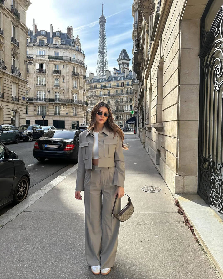 Conjunto Mujer Chaqueta y Pantalón Pierna Ancha Elegante