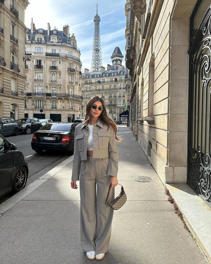 Conjunto Mujer Chaqueta y Pantalón Pierna Ancha Elegante