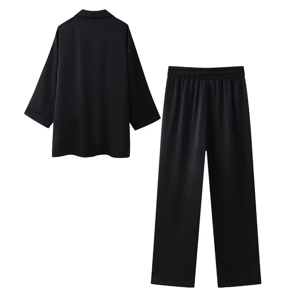 Conjunto Mujer Blazer Cruzado y Pantalón Palazzo Fluido