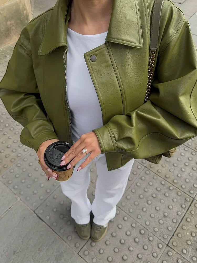 Chaqueta Corta Mujer Efecto Cuero Cuello Solapa Cremallera