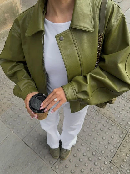 Chaqueta Corta Mujer Efecto Cuero Cuello Solapa Cremallera