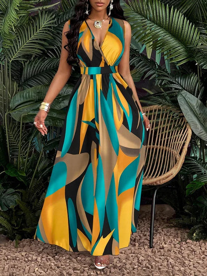 Vestido maxi mujer con cuello en V y estampado abstracto