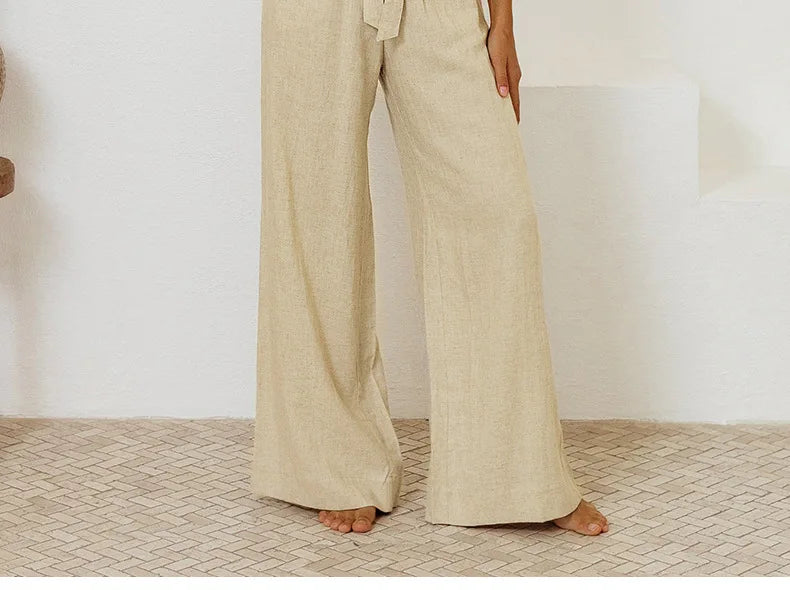 Pantalones Mujer de Lino Pierna Ancha Cintura Elástica Lazo