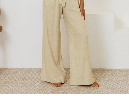 Pantalones Mujer de Lino Pierna Ancha Cintura Elástica Lazo