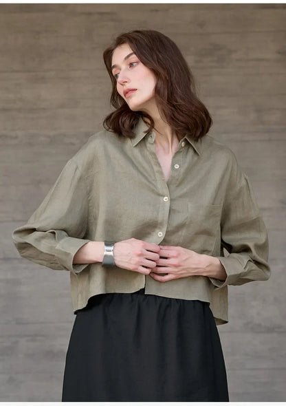 Sobrecamisa Mujer de Lino Corte Oversize Cuello en V y Botones