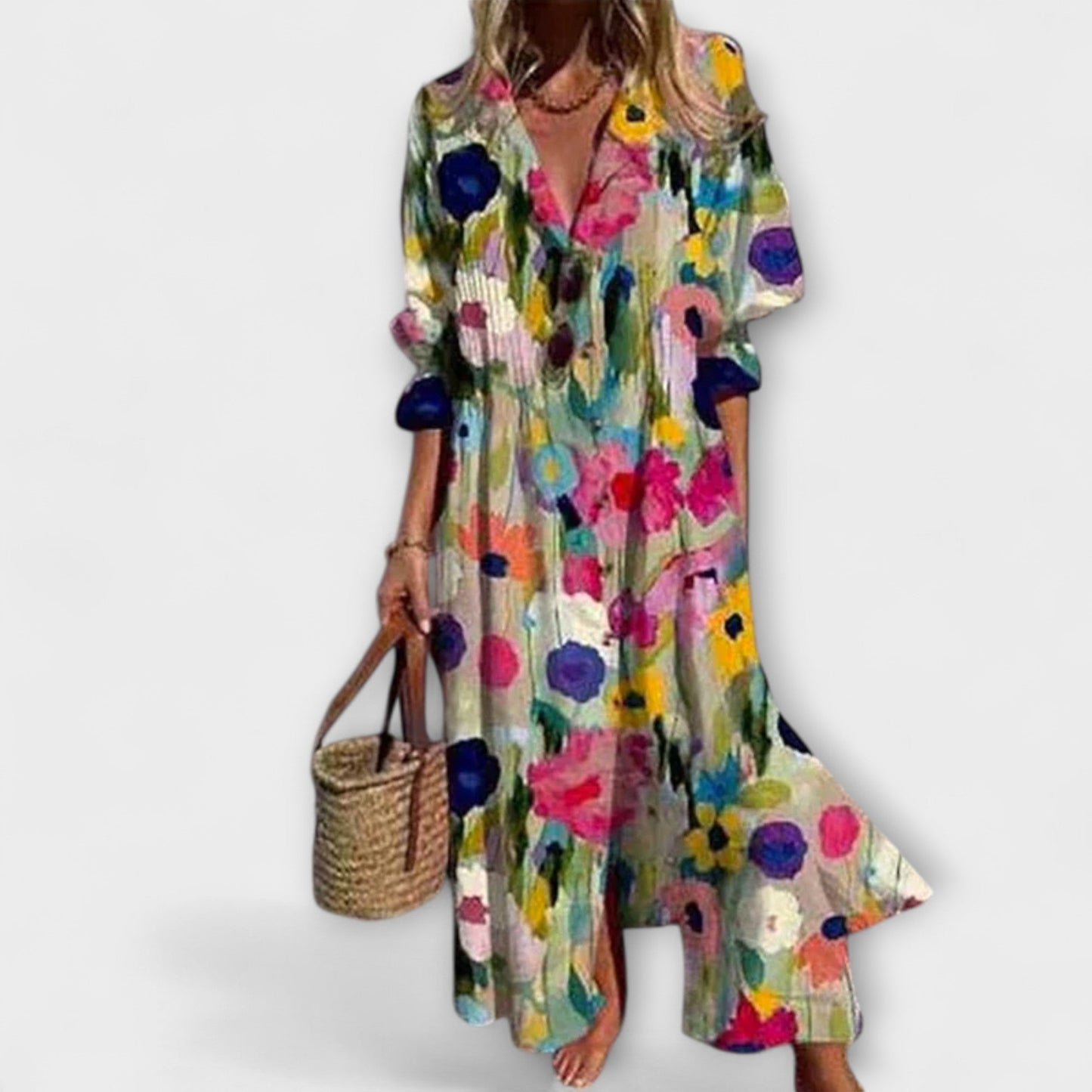Vestido Camisero Mujer Algodón Manga Abullonada Largo