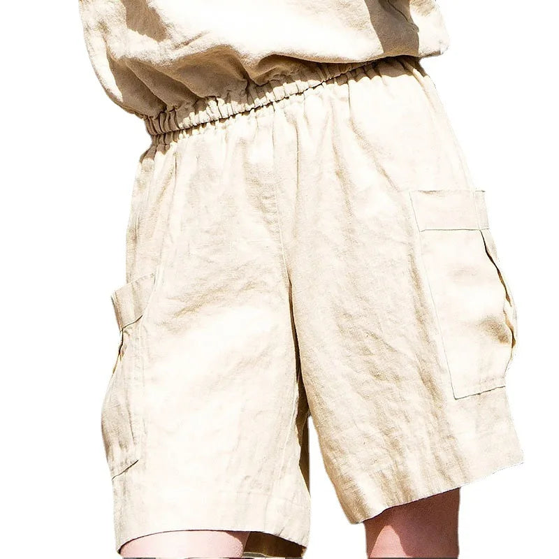 Pantalones Cortos Mujer de Lino Estilo Cargo Cintura Alta Elástica