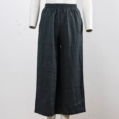 Pantalones Mujer de Lino Pierna Ancha Cintura Elástica Corte Tobillo
