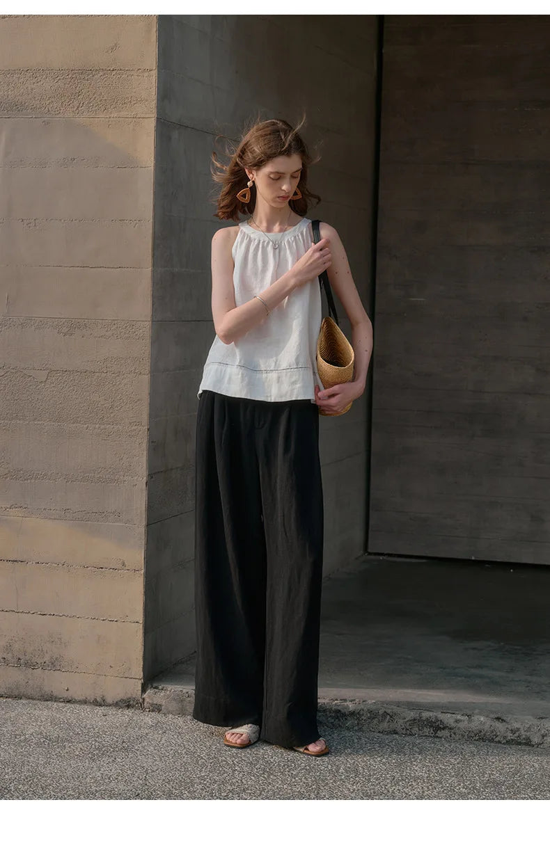 Pantalones Mujer de Lino Pierna Ancha Cintura Alta Elástica