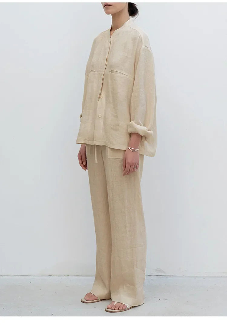 Pantalones Mujer de Lino Cordón Ajustable Bolsillos de Parche