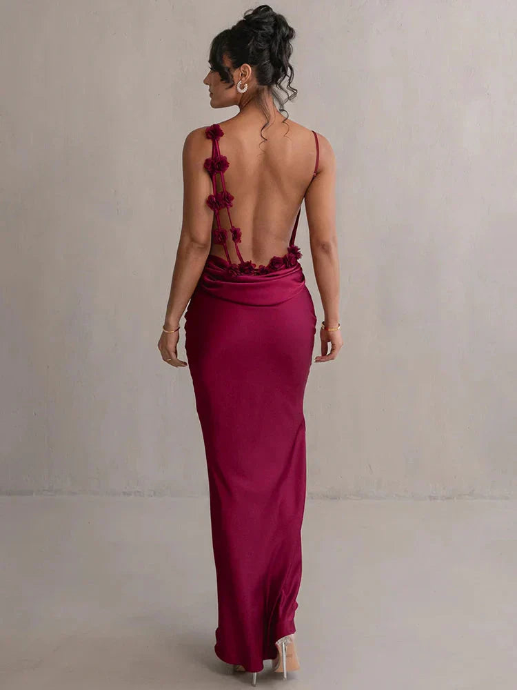 Vestido maxi mujer de satén con cuello cascada