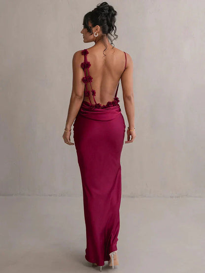 Vestido maxi mujer de satén con cuello cascada