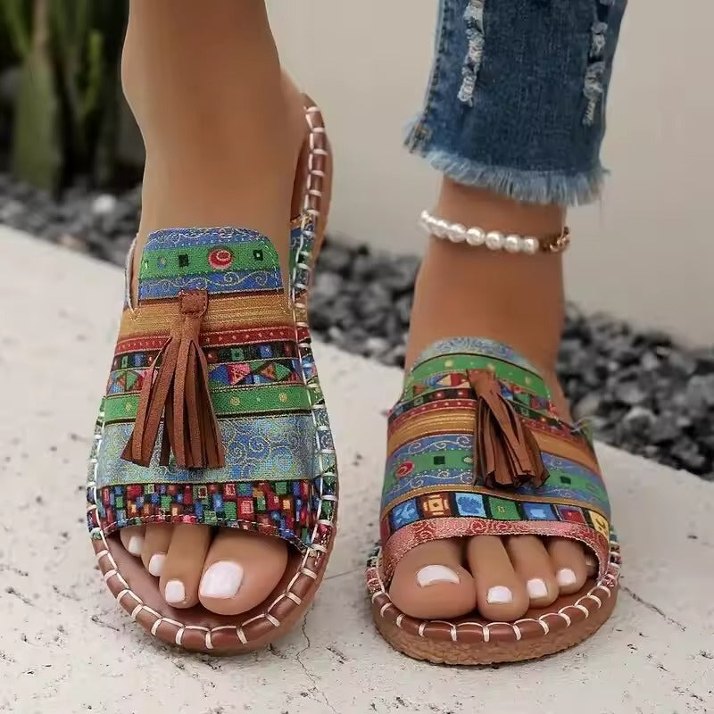 Sandalias planas mujer cuero flecos suela acolchada estilo boho
