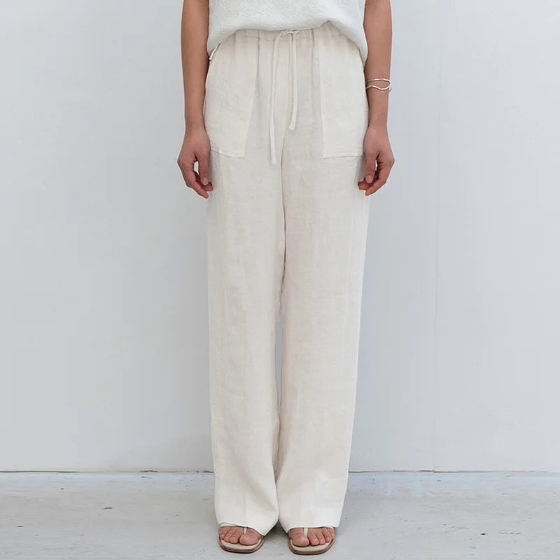 Pantalones Mujer de Lino Cordón Ajustable Bolsillos de Parche