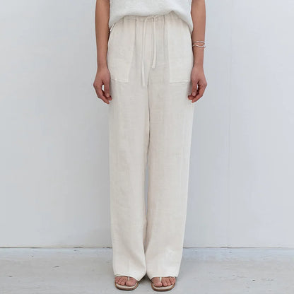 Pantalones Mujer de Lino Cordón Ajustable Bolsillos de Parche
