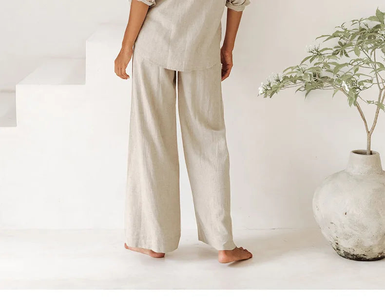 Pantalones Mujer de Lino Pierna Ancha Cintura Elástica Lazo