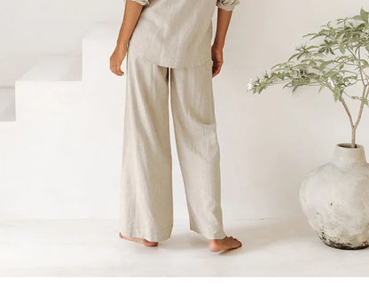 Pantalones Mujer de Lino Pierna Ancha Cintura Elástica Lazo