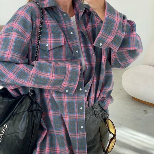 Camisa mujer de franela cuadros manga larga botones bolsillos - Mavetta