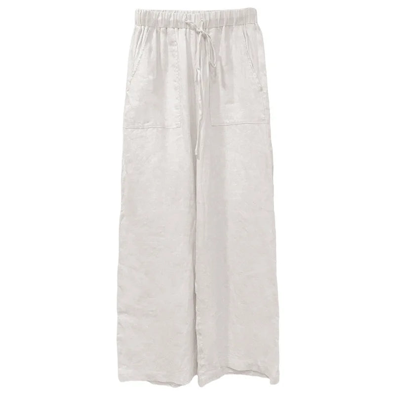 Pantalones Mujer de Lino Cordón Ajustable Bolsillos de Parche