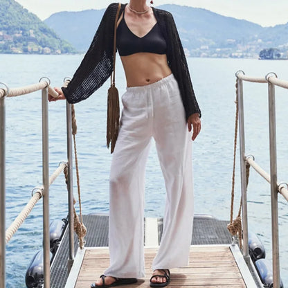 Pantalones Playa Mujer Mezcla de Lino y Algodón Pierna Ancha
