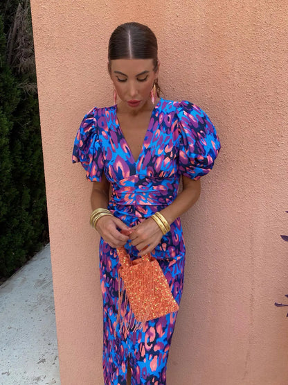 Vestido mujer escote en V mangas abullonadas estilo femenino