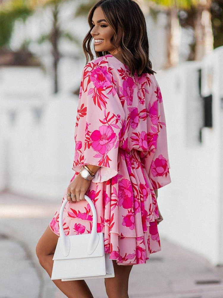 Vestido mini mujer Estampado floral Escote en V Mangas largas