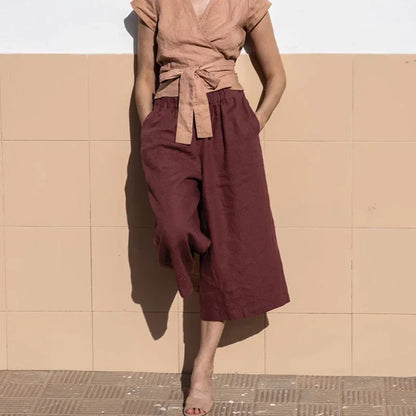 Pantalones Mujer de Lino Pierna Ancha Cintura Elástica Corte Tobillo