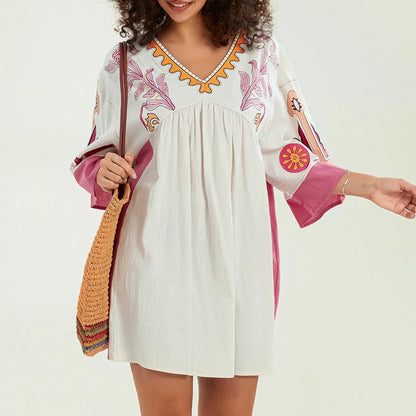 Vestido túnica mujer con bordados escote en V