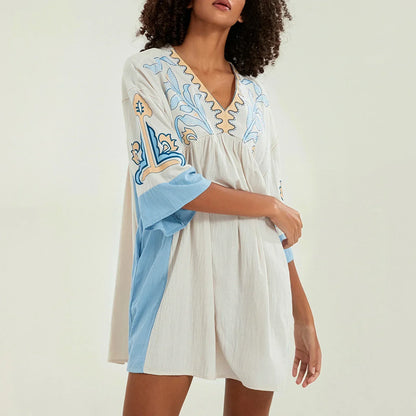 Vestido túnica mujer con bordados escote en V