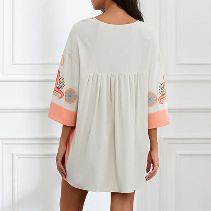 Vestido túnica mujer con bordados escote en V