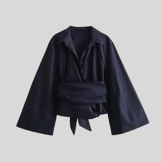 Camisa Mujer de Popelina Algodón Cuello Polo Cinturón Lazo - Mavetta