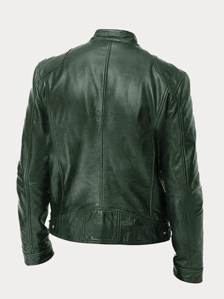 Chaqueta Hombre Cuero Sintético Cuello Alto Cremalleras Laterales