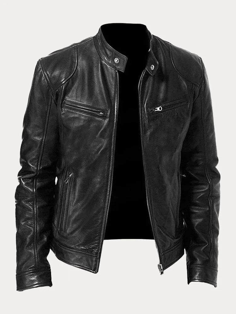 Chaqueta Hombre Cuero Sintético Cuello Alto Cremalleras Laterales