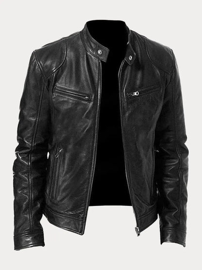 Chaqueta Hombre Cuero Sintético Cuello Alto Cremalleras Laterales