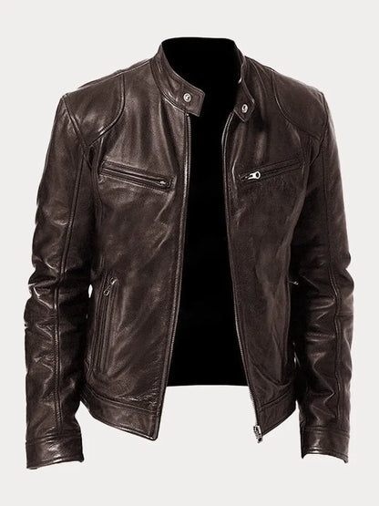 Chaqueta Hombre Cuero Sintético Cuello Alto Cremalleras Laterales