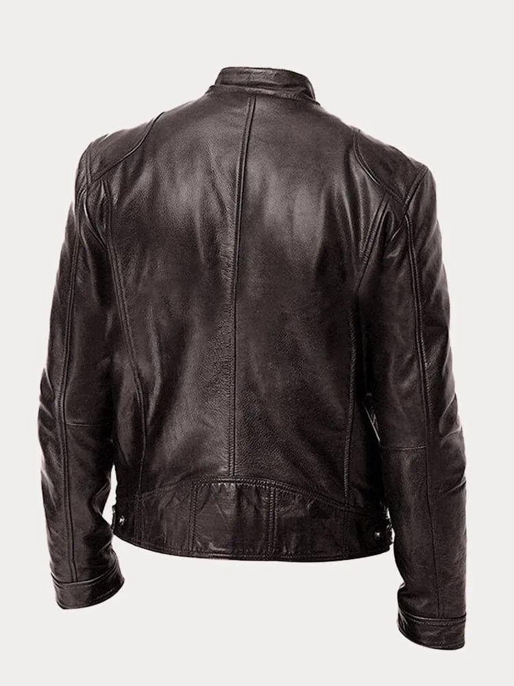 Chaqueta Hombre Cuero Sintético Cuello Alto Cremalleras Laterales
