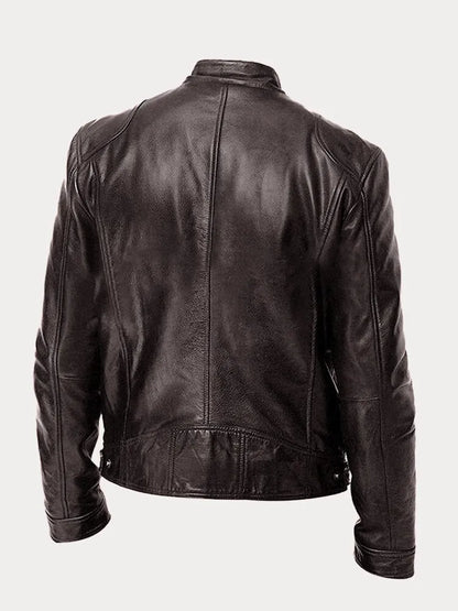 Chaqueta Hombre Cuero Sintético Cuello Alto Cremalleras Laterales