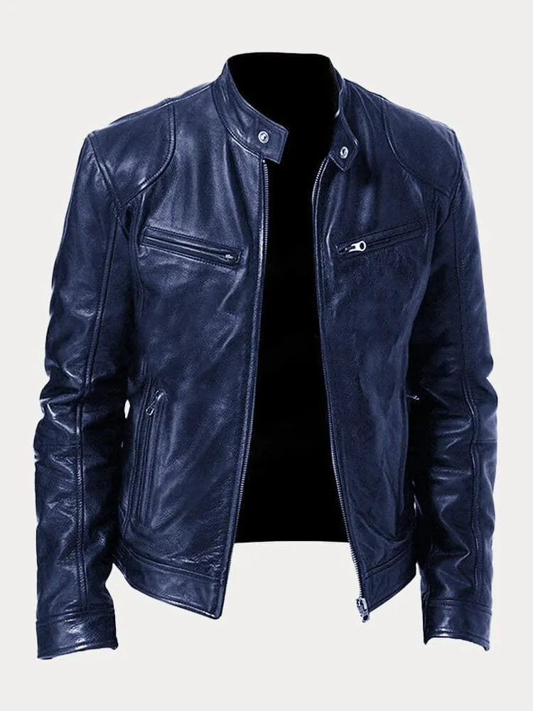 Chaqueta Hombre Cuero Sintético Cuello Alto Cremalleras Laterales