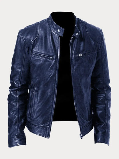 Chaqueta Hombre Cuero Sintético Cuello Alto Cremalleras Laterales