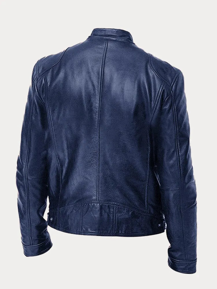 Chaqueta Hombre Cuero Sintético Cuello Alto Cremalleras Laterales