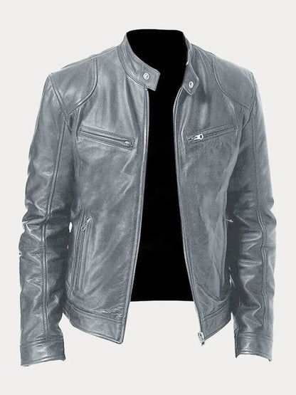 Chaqueta Hombre Cuero Sintético Cuello Alto Cremalleras Laterales