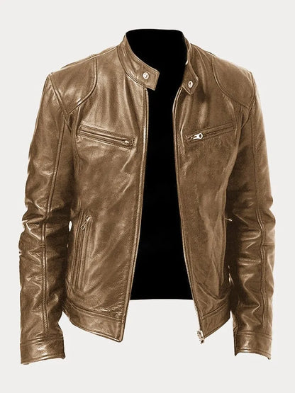 Chaqueta Hombre Cuero Sintético Cuello Alto Cremalleras Laterales